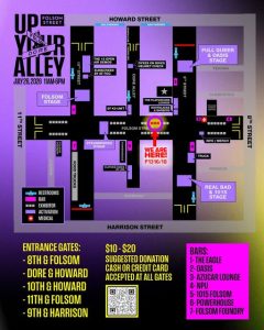 Map of the Up Your Alley street fair site, highl;ighting the location of the Cultural District booth.
